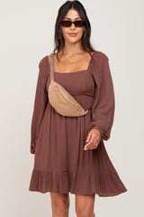 Brown Square Neck Puff Long Sleeve Maternity Dress