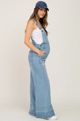 Blue Light Wash Denim Distressed Wide Leg Maternity Overalls