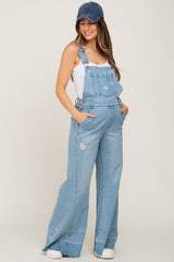 Blue Light Wash Denim Distressed Wide Leg Maternity Overalls