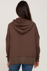 Brown Button Front Ribbed Trim Hooded Sweatshirt