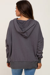 Charcoal Button Front Ribbed Trim Hooded Maternity Sweatshirt