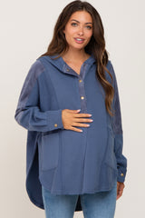 Blue Soft Mixed Knit Button Front Hooded Maternity Top