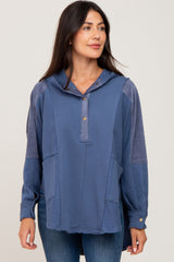 Blue Soft Mixed Knit Button Front Hooded Top