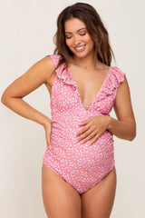 Pink Floral Ruffle Maternity One-Piece Swimsuit