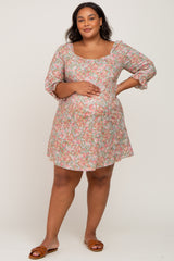 Light Olive Floral Bubble Sleeve Maternity Plus Dress