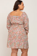 Light Olive Floral Bubble Sleeve Plus Dress