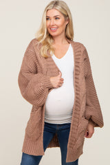 Brown Cable Knit Front Pocket Maternity Cardigan