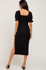 Black Ribbed Puff Sleeve Side Slit Maternity Midi Dress