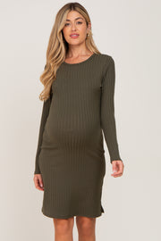 Olive Ribbed Basic Long Sleeve Maternity Dress