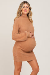 Camel Fuzzy Knit Puff Sleeve Maternity Sweater Dress