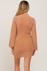 Camel Fuzzy Knit Puff Sleeve Maternity Sweater Dress