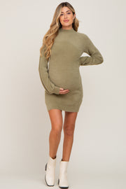 Olive Fuzzy Knit Puff Sleeve Maternity Sweater Dress