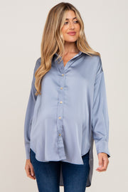 Blue Satin Button Up Maternity Blouse