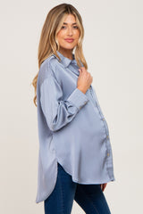 Blue Satin Button Up Maternity Blouse