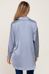 Blue Satin Button Up Maternity Blouse