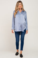 Blue Satin Button Up Maternity Blouse