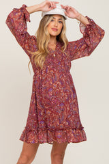 Burgundy Paisley Print Long Sleeve Maternity Dress