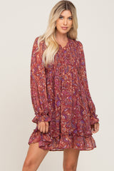 Burgundy Paisley Print Long Sleeve Maternity Dress