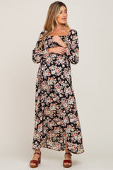 Black Floral Smocked Maternity Midi Dress