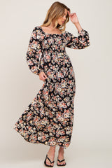 Black Floral Smocked Maternity Midi Dress