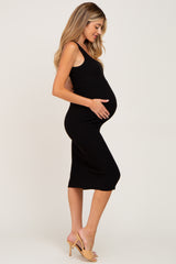 Black Fitted Knit Maternity Midi Dress