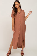 Camel Button Down Hi Low Maternity Maxi Dress