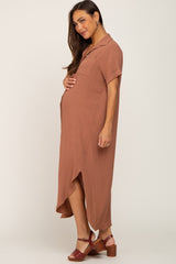 Camel Button Down Hi Low Maternity Maxi Dress