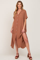 Camel Button Down Hi Low Maxi Dress