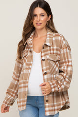 Light Mocha Plaid Front Pocket Maternity Shacket