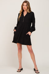 Black Waffle Knit Collared Long Sleeve Dress