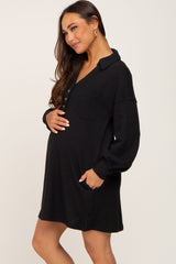 Black Waffle Knit Collared Long Sleeve Maternity Dress