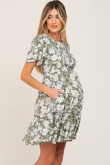 Light Olive Floral Smocked Ruffle Accent Maternity Dress