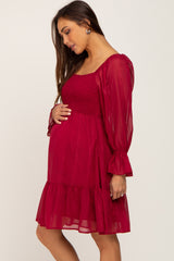 Burgundy Metallic Stripe Smocked Maternity Dress