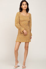 Yellow Ditsy Floral Smocked Long Sleeve Mini Dress