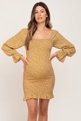 Yellow Ditsy Floral Smocked Long Sleeve Maternity Mini Dress