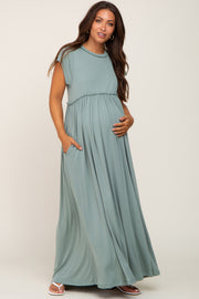 Sage Short Sleeve Babydoll Maternity Maxi Dress