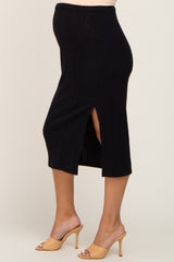 Black Soft Knit Ribbed Side Slit Maternity Midi Skirt