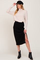 Black Soft Knit Ribbed Side Slit Midi Skirt