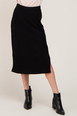 Black Soft Knit Ribbed Side Slit Midi Skirt