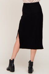 Black Soft Knit Ribbed Side Slit Midi Skirt