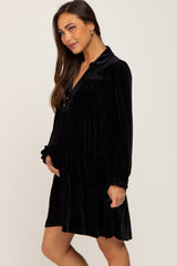 Black Velvet Long Sleeve Tiered Collared Maternity Dress