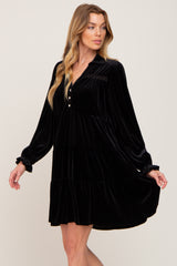 Black Velvet Long Sleeve Tiered Collared Dress