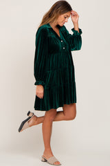 Green Velvet Long Sleeve Tiered Collared Dress