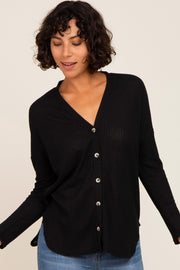 Black Waffle Knit Button Down Top