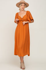 Rust Front Tie Ruffle Sleeve Maternity Midi Dress