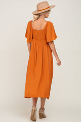 Rust Front Tie Ruffle Sleeve Midi Dress