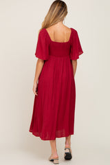 Burgundy Front Tie Ruffle Sleeve Maternity Midi Dress