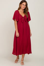 Burgundy Front Tie Ruffle Sleeve Midi Dress