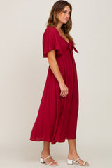 Burgundy Front Tie Ruffle Sleeve Midi Dress