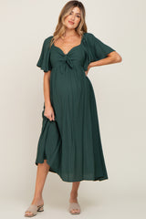 Hunter Green Front Tie Ruffle Sleeve Maternity Midi Dress